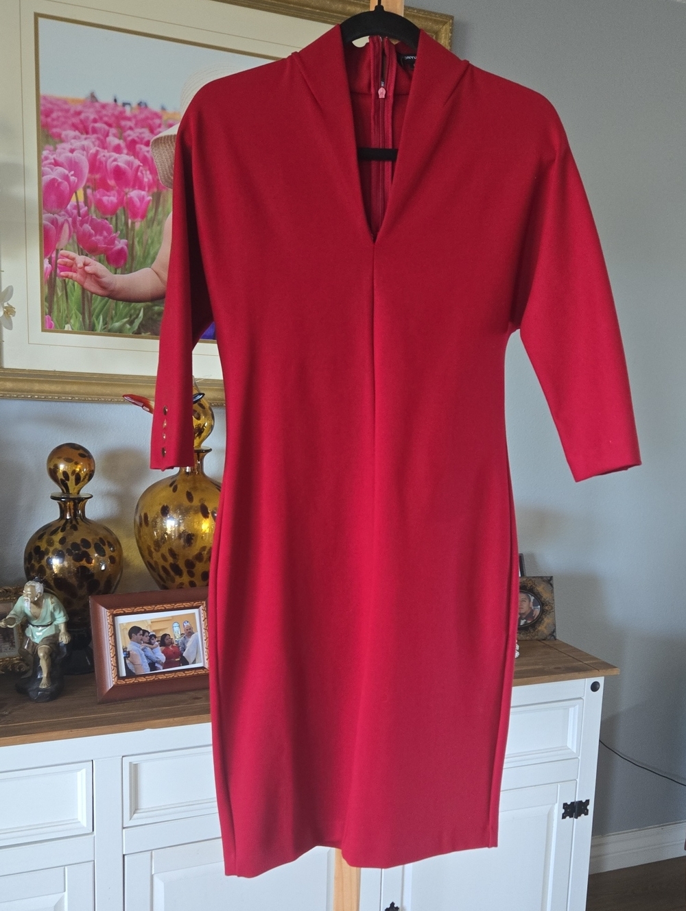 Red V-Neck Sheath Dress - Classic Women's Dress